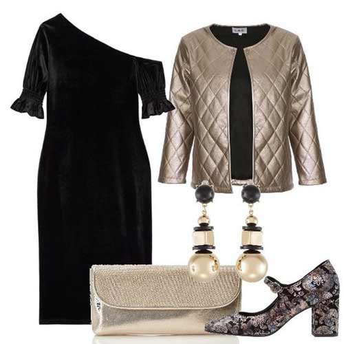 New year outfit black dress and gold accessories