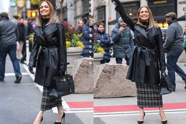 Jennifer Lopez in a long plaid skirt