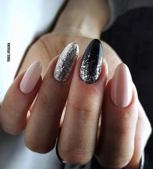 Black with beige and silver manicure