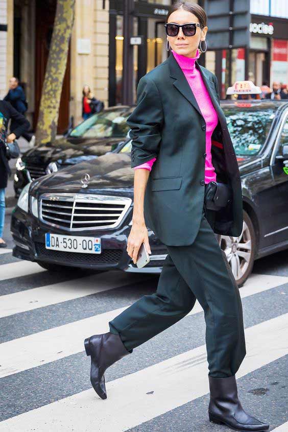 Bright turtleneck of current color with office trousers