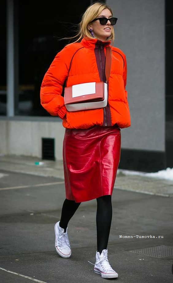 Pencil skirt red leather with down jacket