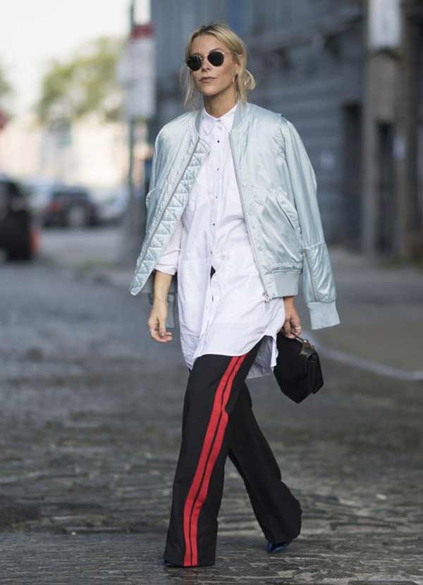 White shirt + trousers with stripes