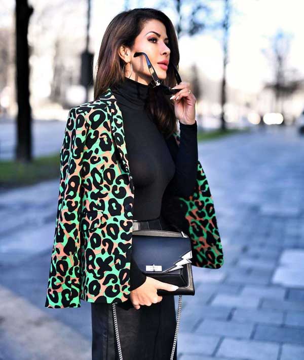 Turtleneck under a jacket with a print