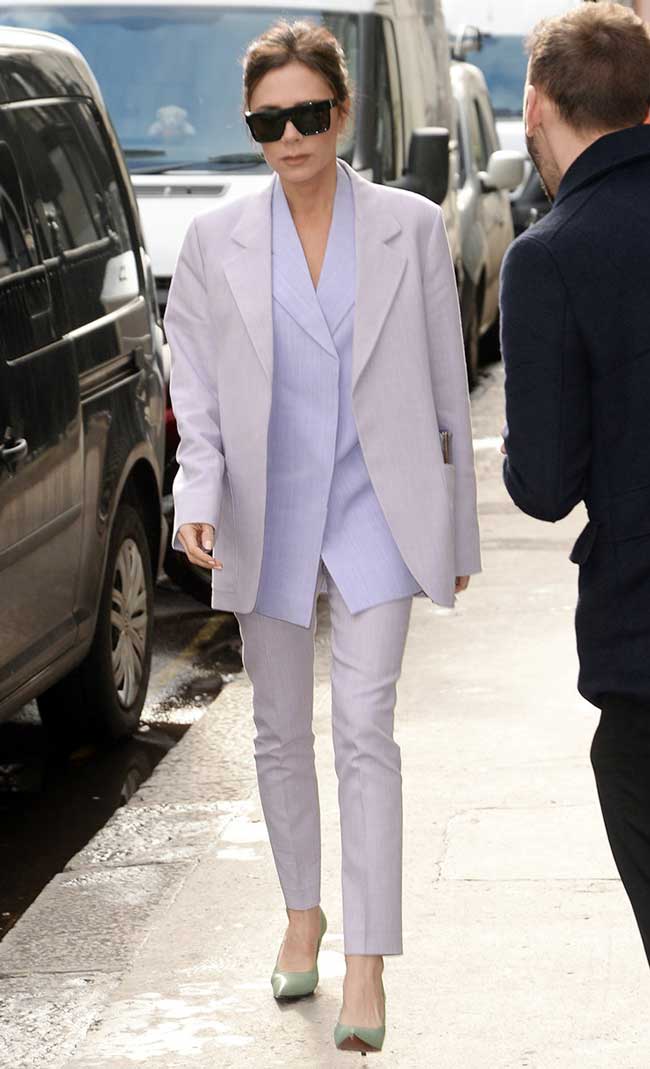 Victoria Beckham pairs a blazer with a lighter tone