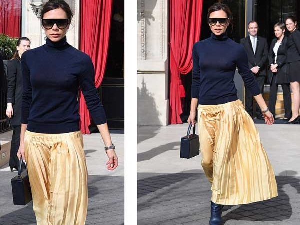 Comment porter des jupes plissées au printemps : images de Victoria Beckham