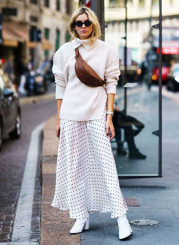 Polka dot skirt and oversized sweater