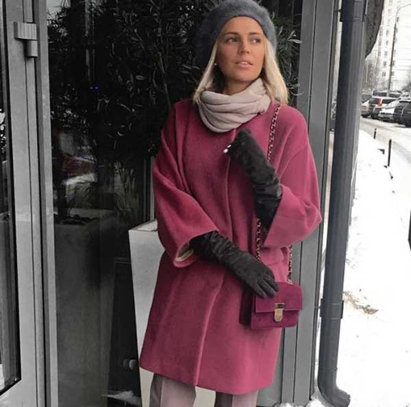 Stylist Olga Gromova coat in purple tones