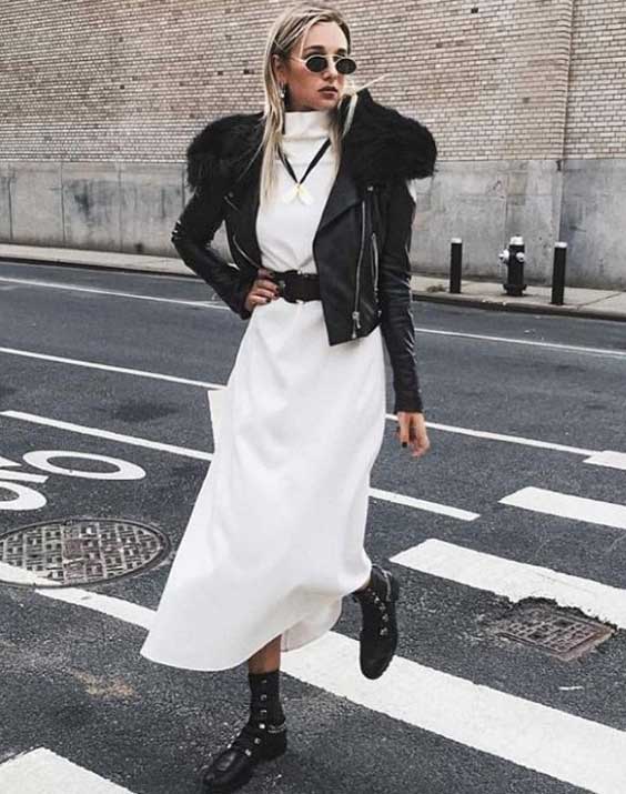 Robe blanche avec veste en cuir