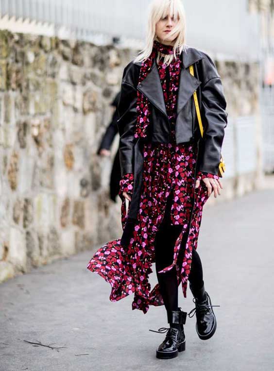 Floral dress with leather jacket