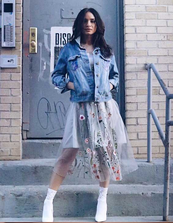 With denim jacket + floral dress