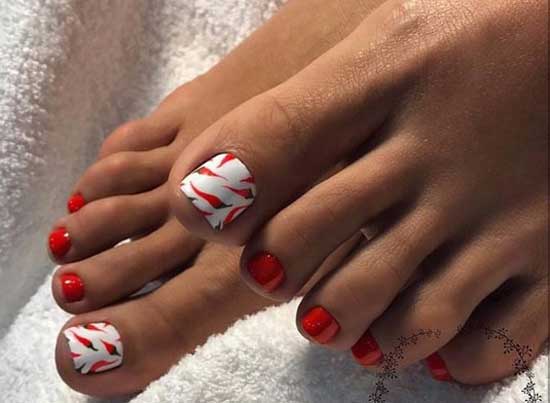 Red and white pedicure design