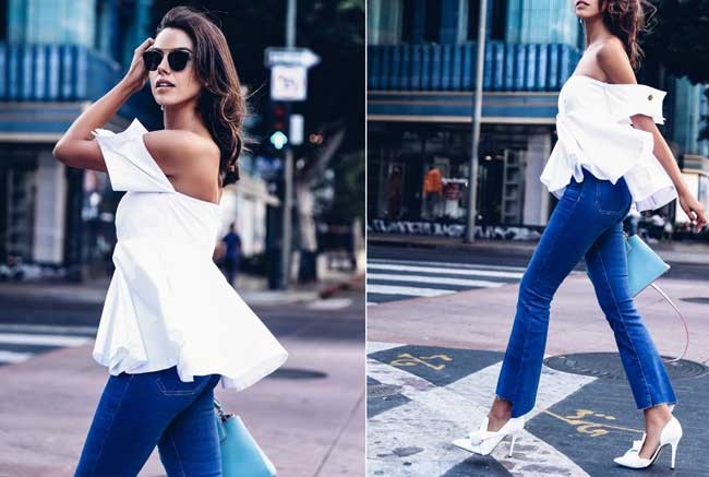 Jeans and a white blouse look in the style of minimalism