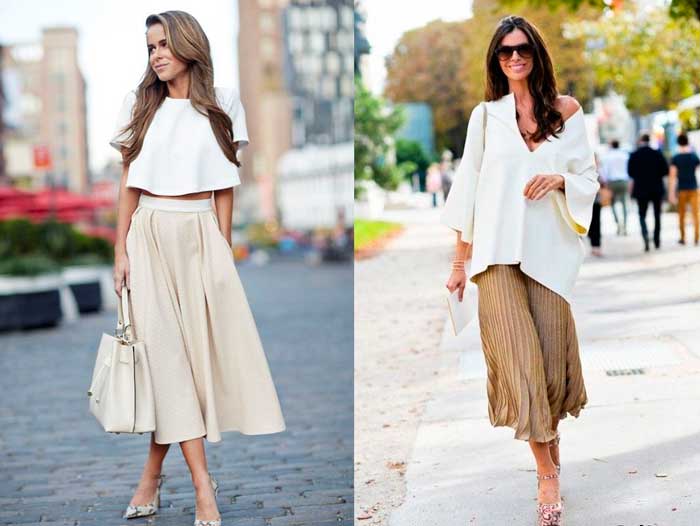 White blouse and beige skirt looks