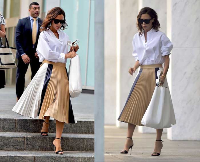 White shirt and beige skirt looks