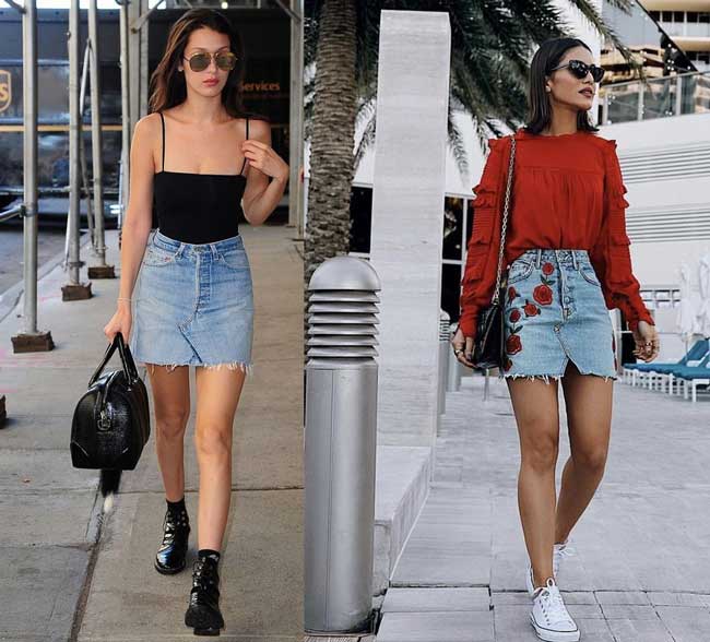 Denim mini skirt with shoes without heels