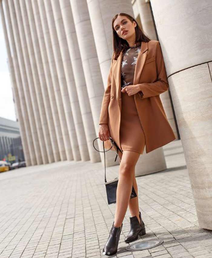 Suit with jacket and skirt in sandy shade