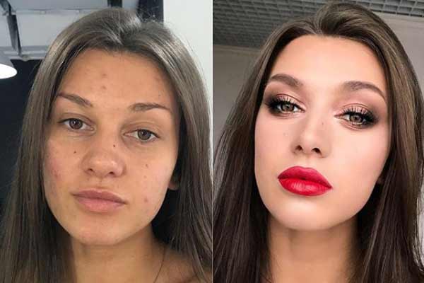 Avant et après l'application du maquillage sur le visage