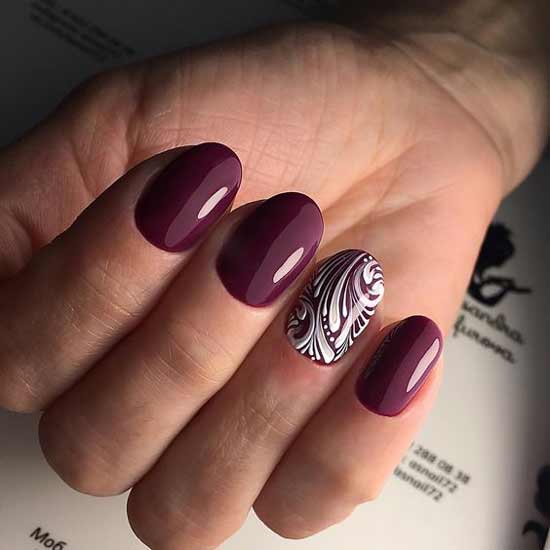 Violet-burgundy color manicure with monograms