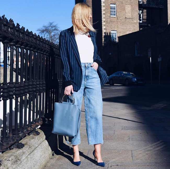 Denim wide leg pants with what to wear