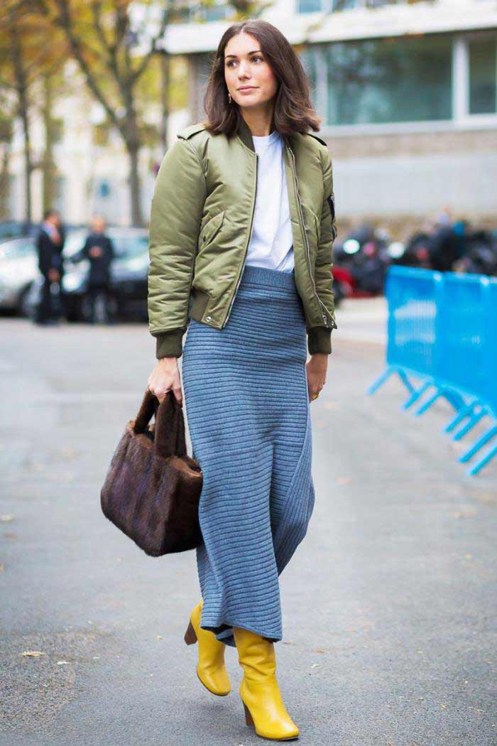 Bomber jacket with skirt and high boots