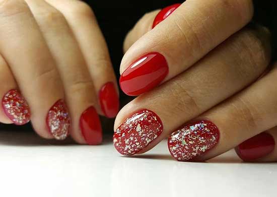 Red gel polish and gold glitter