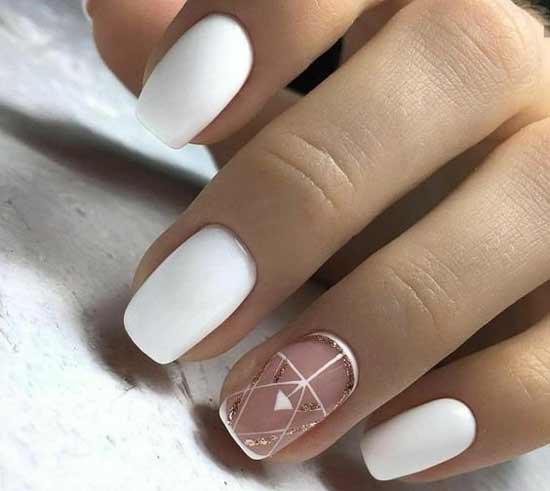 Naked white manicure - design on the ring finger