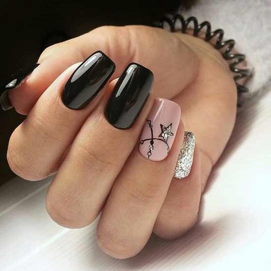 Manicure silver star on a nude background