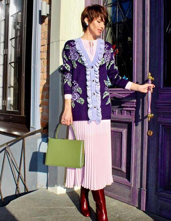 Buttoned Cardigan and Pleated Midi Skirt looks