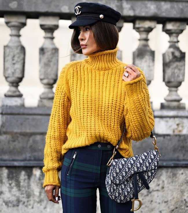 Fashionable look with a mustard sweater