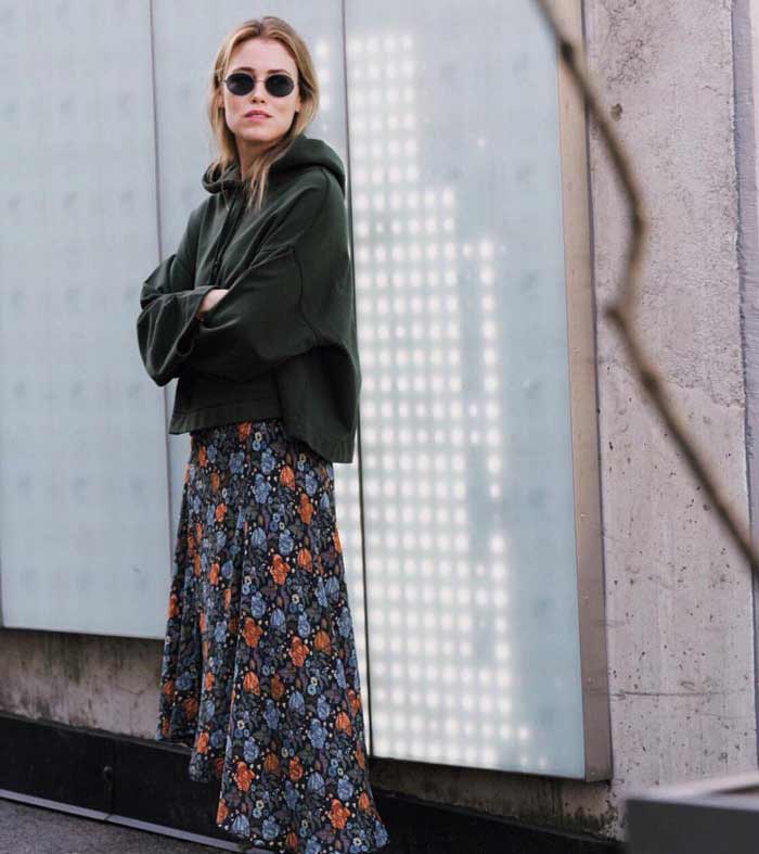 Hooded sweatshirt with light floral dress