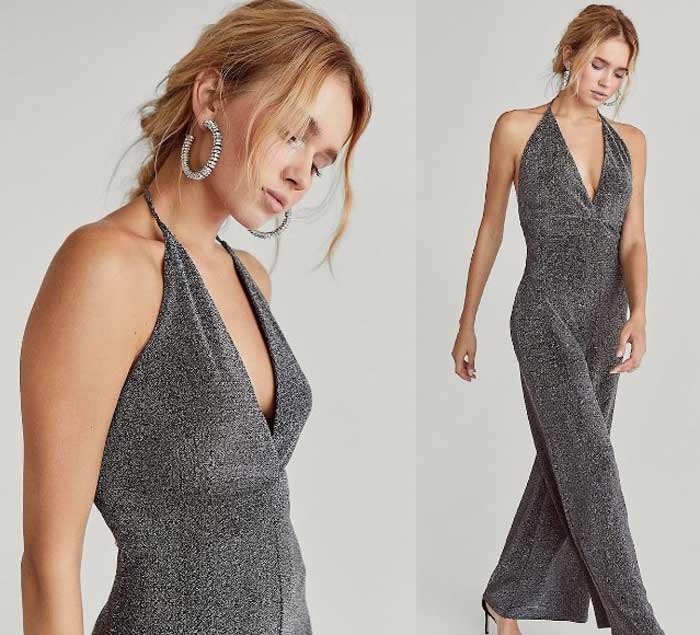 Halter Neck Jumpsuit with Metallic Thread