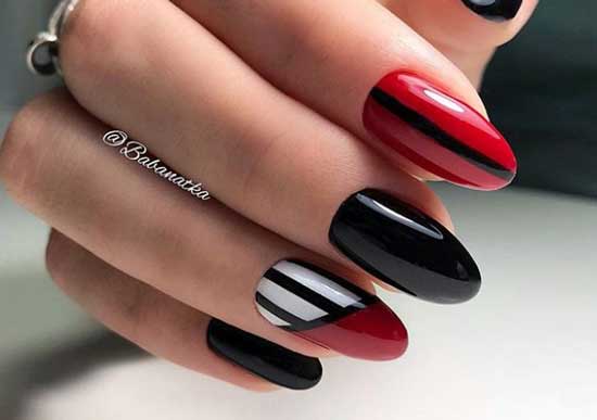 Géométrie noire et rouge sur les ongles