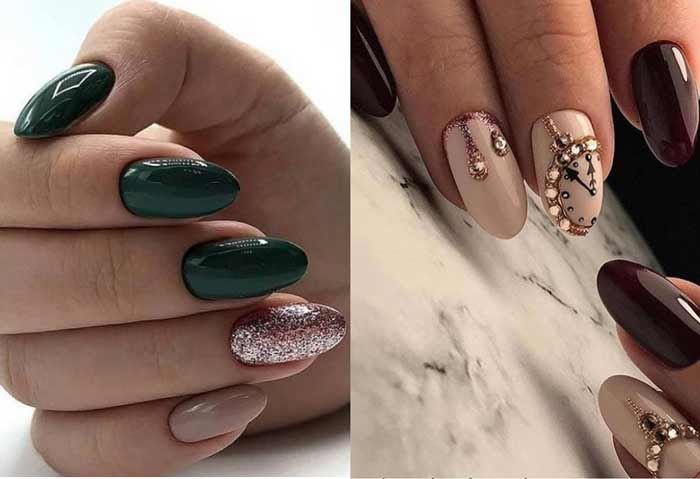 New Year's manicure in green and burgundy colors