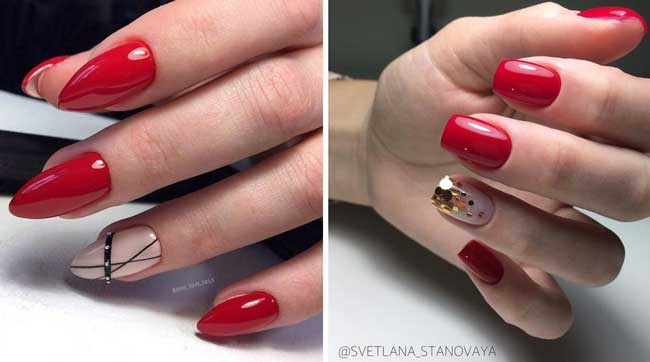 Red manicure and outfits