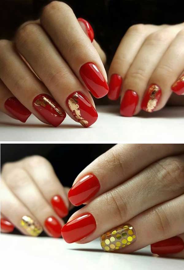 Red manicure with foil and kamifubuki