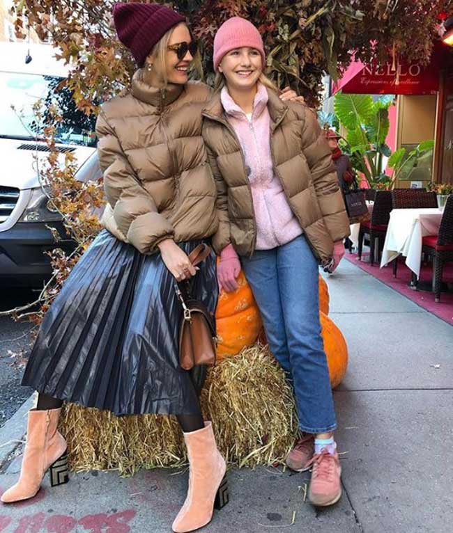 Natalia Vodianova in a fashionable down jacket winter 2019