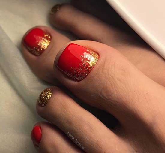 Red pedicure + glitter and foil