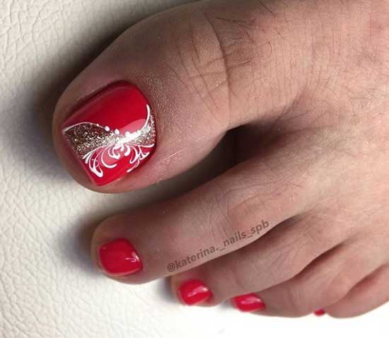 Red pedicure with monograms