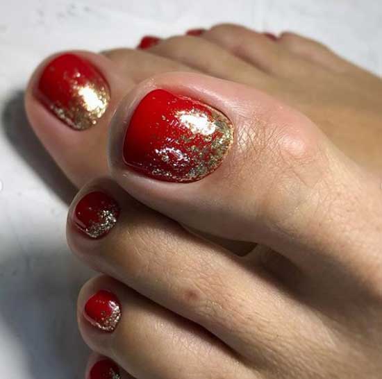 Red pedicure with glitter