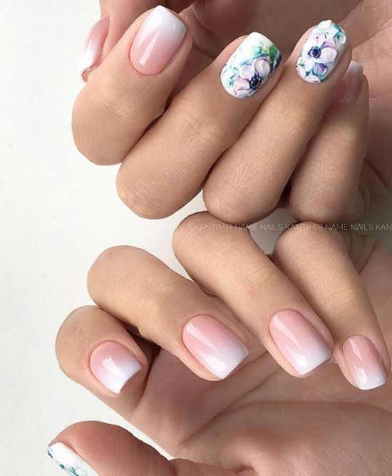 Beige manicure with floral print