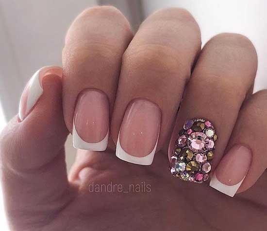 White jacket and rhinestones on one nail 2019-2020