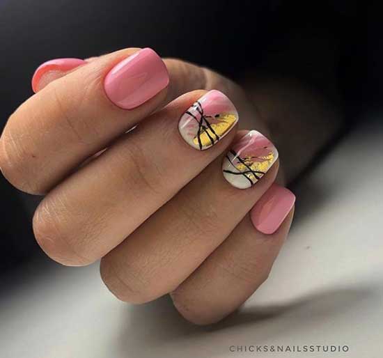 Pink geometry and spider web in manicure 2020