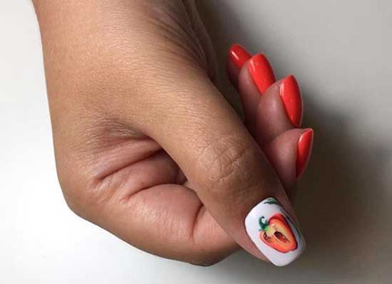 Bright orange manicure with fruits