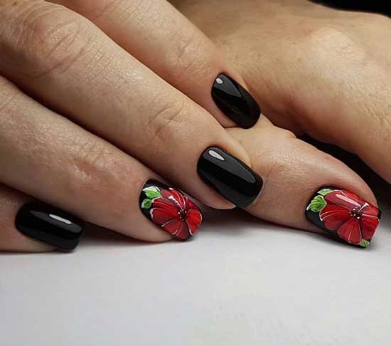 Black manicure with flowers