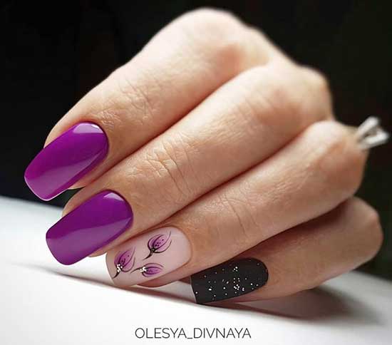 Purple tone and flowers in manicure