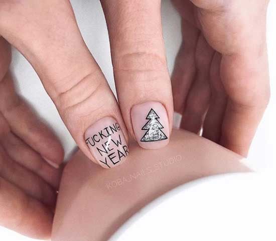 Manicure minimalism with the image of a Christmas tree