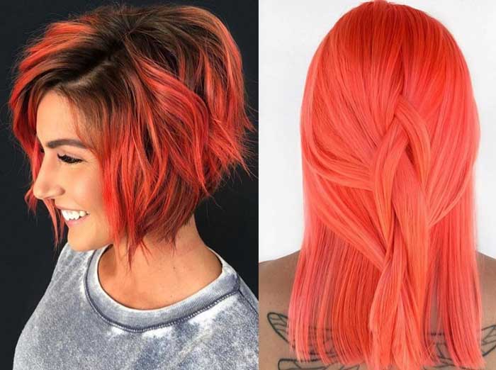 Bright coral hair coloring