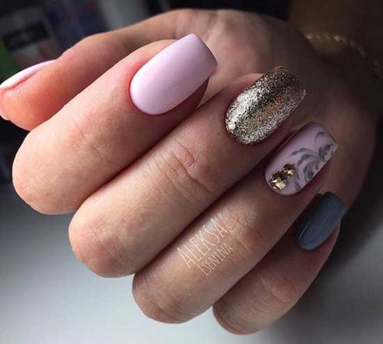 Lilac combination manicure with glitter