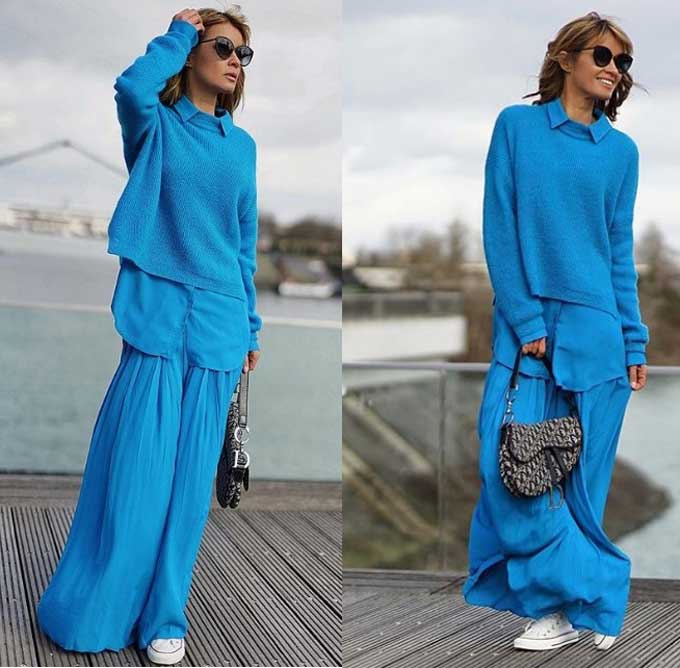 Blogueuse en jupe longue - look monochrome