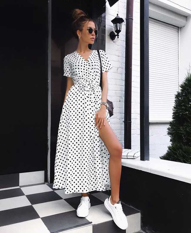 Polka dot dress in robe style